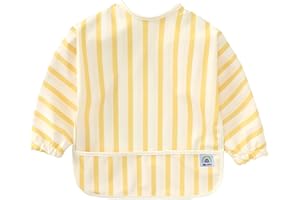ARI MES Long Sleeves Waterproof Baby Bibs for Eating - Yellow Stripes, Medium- Wearable, Coverall for Toddler, Long Sleeve Bib, Smock for Toddler, Apron for Feeding - Applicable for 6-72 Months