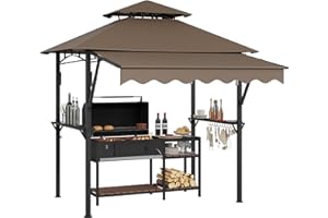 8x5 ft Grill Gazebo, Double-Tiered BBQ Gazebo Grill Canopy with Extra Large 7x3 ft Awning, Metal Frame BBQ Shelter with Shelv