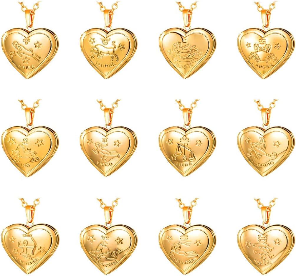 U7 Women Girls Birthday Locket Necklace with Horoscope Constellation Sign 18K Gold Plated Heart Pendant That Hold Pictures Zodiac Leo Necklace