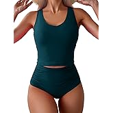 Eomenie Two Piece Tankini Swimsuits for Women Tummy Control Bathing Suits Cutout Back Swim Tank Top with High Waisted Bottom
