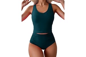 Eomenie Two Piece Tankini Swimsuits for Women Tummy Control Bathing Suits Cutout Back Swim Tank Top with High Waisted Bottom