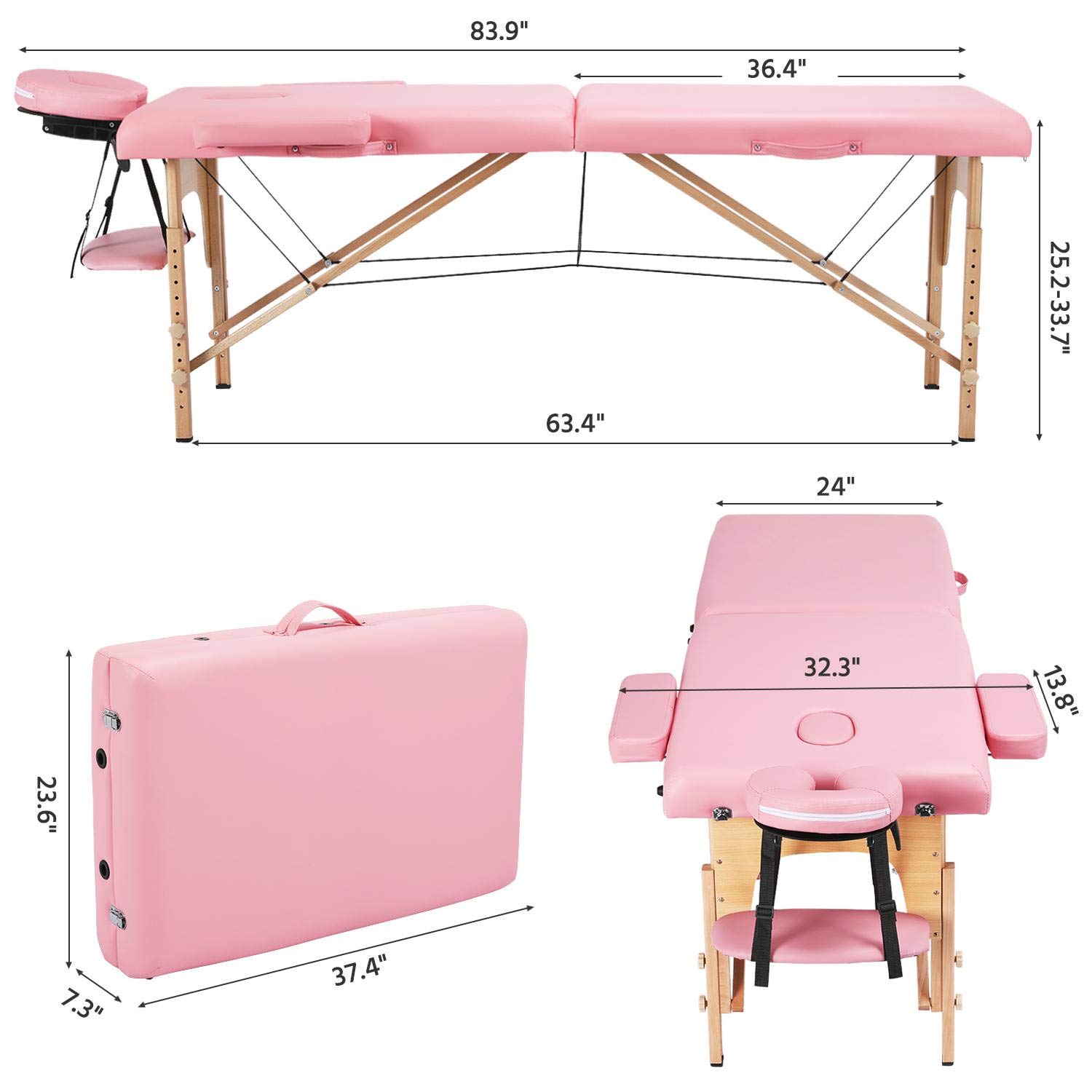 Yaheetech Fold Up Massage Spa Bed Facial Tattoo Salon Bed 2 Folding Massage Table Pink: Beauty