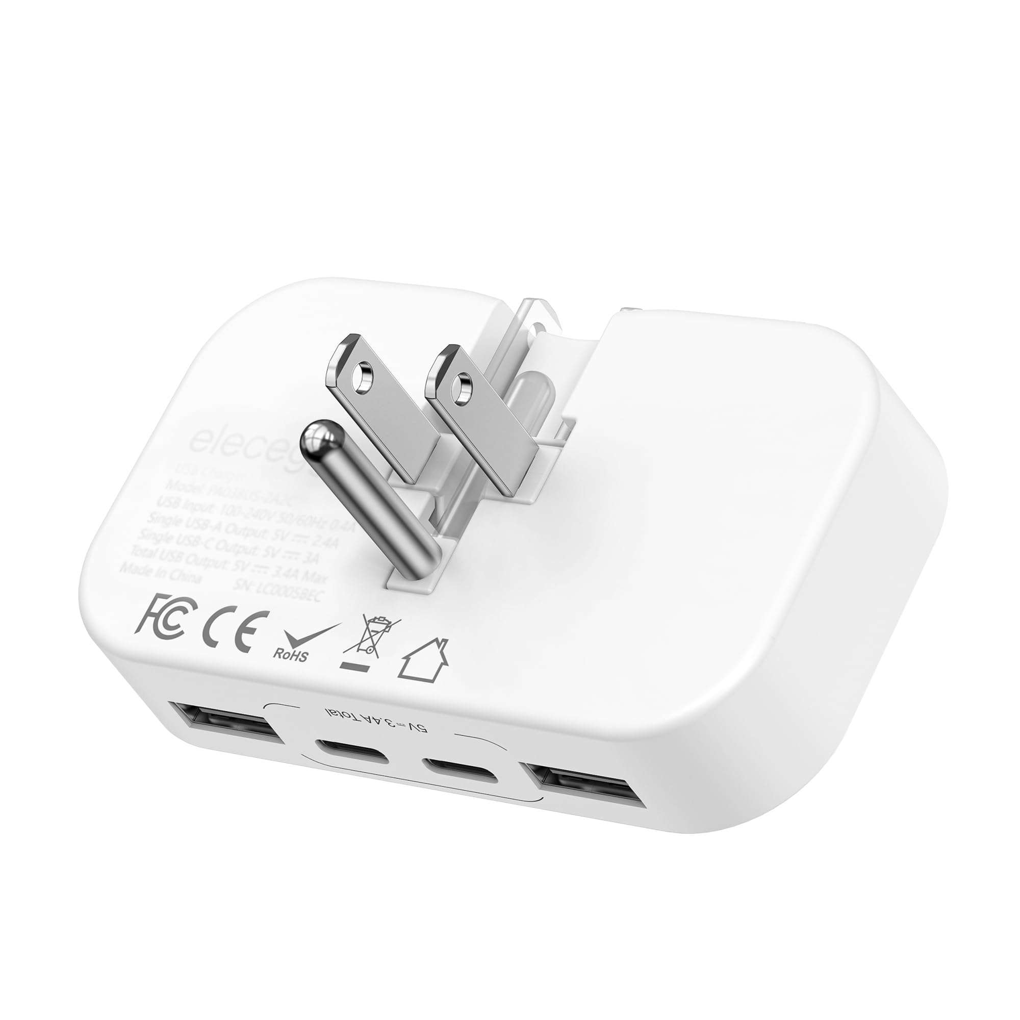 elecegg Slim Flat USB C Wall Charger,4 Ports Ultra Thin Foldable Wall Plug with Smart IC,Dual USB and Dual USB C Charger Block for iPhone, iPad, iPod, Android,Samsung Galaxy,and More
