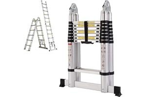 BOWOSHEN 16.5FT Aluminum Telescoping Extension Ladder 330lbs Max Capacity A-Frame Lightweight Portable Multi-Purpose Folding with Support Bar Anti-Slip EN131 Certificated