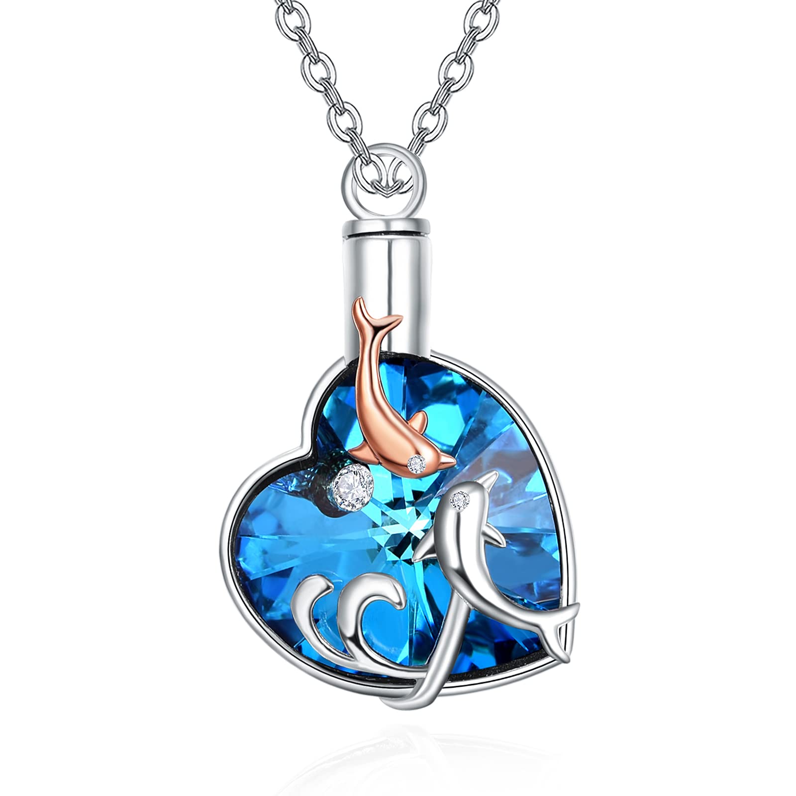 KINGWHYTE Urn Necklace for Ashes Sterling Silver Dolphins Cremation Urn Necklace Ash Jewellery Keepsake for Mum Dad Women with Fill Kit