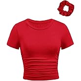 RoseSeek Girl's Short Sleeve Ruched Tee Tops Basic Crew Neck Slim Fit T Shirts with Hair Ties