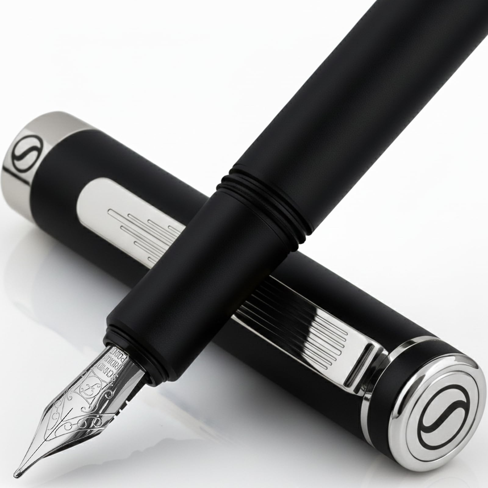 Scriveiner Luxury EDC Fountain Pen (Fine), Stunning Matt Black with Chrome Finish, Schmidt German Nib, Converter, Best Writing Gift Set for Men & Women, Nice Fancy Office Designer Pocket Pen
