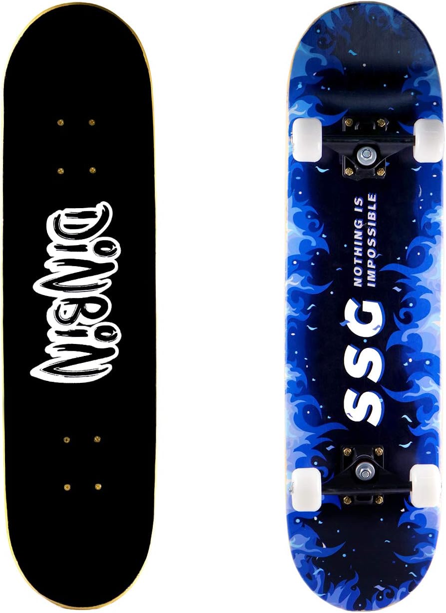 DINBIN Skateboard - 31" x 8" Complete Pro Skateboard - Double Kick Skateboards for Adults 7 Layer Canadian Maple Wood Tricks Skateboard