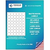 Premium Label Supply White Sticker Round Labels – 1.25" Circle – Laser/Inkjet Compatible – (48 per Sheet), 25 Sheets – 1,200 Total Adhesive Labels