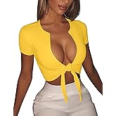 BORIFLORS Women's Sexy Tie Up Crop Top Short Sleeve Deep V Neck Casual Basic T Shirt