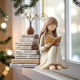 God Say You are Christian Christmas Ornament 2025, God Says I am 2D Flat Acrylic Christmas Ornament Reading Girl Xmas Decor with Book Lover Bookworms