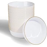 LCCFHTI 30 Pack 18oz White Plastic Bowls, Disposable Soup Bowls with Gold Rim Heavy Duty Salad Bowls for Party, Wedding