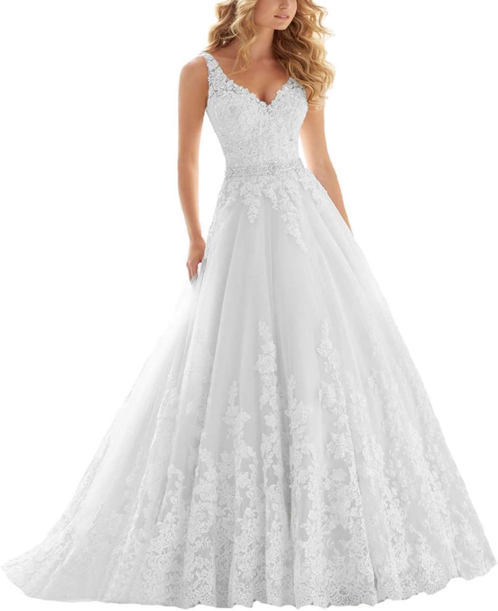 PD Women's Lace V Neck Wedding Dresses Beaded Bridal Dresses Appliques Straps Wedding Gowns 088