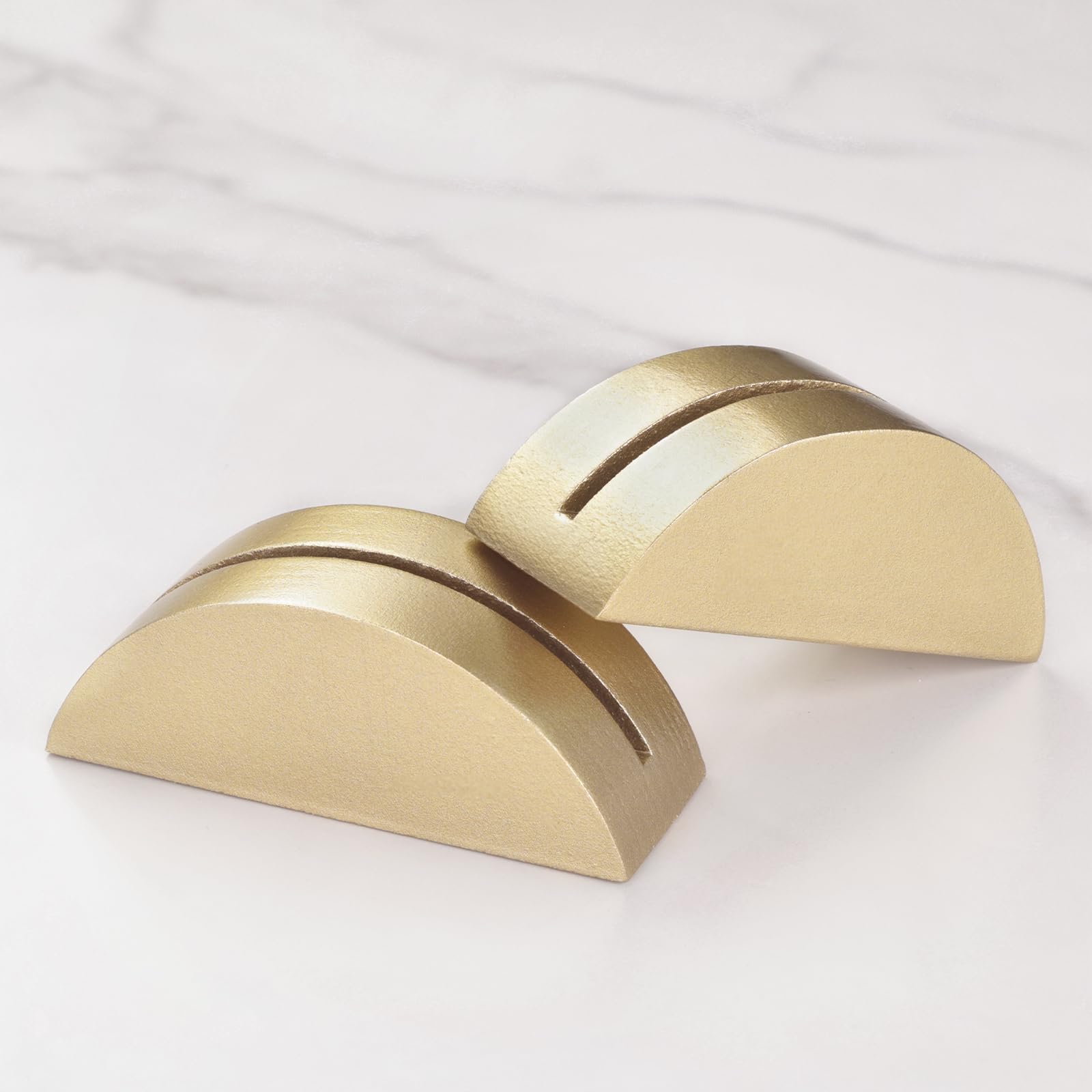 Photo 1 of UNIQOOO 10 Pack 3.3" Arch Gold Wood Stand with 1/8" Slot, for Wedding Acrylic Table Number Sign, Wedding Display Stand, Card Holder, Great for Bar Menu, Retail Sign, Party and Events