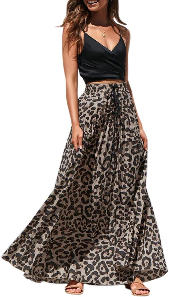 Valphsio Womens Leopard Maxi Skirt Boho Pleated Drawstring High Waist Flowy Long Skirt