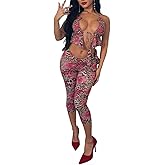 LXUAMR Sexy Two Piece Outfits for Women Leopard Print See Through Halter Tops Bodycon Capri Pants Sets Party Club Outfits