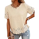CHICME Women's Casual Summer Top 2026 Short Sleeve Round Neck Laser Cut Eyelet Scallop Trim Shirt for Vacation Daily Wear