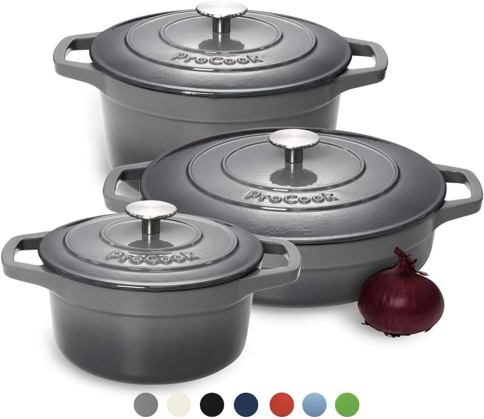 ProCook Cast Iron Casserole Set 3 Piece Graduated Grey Induction