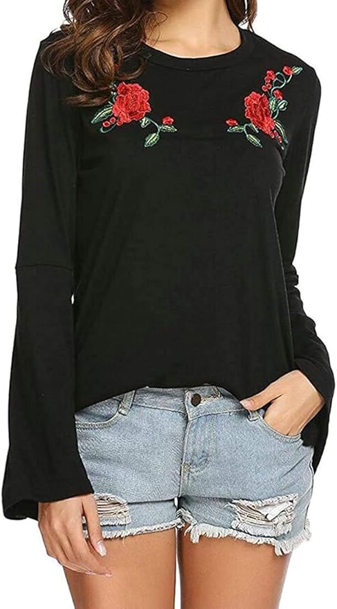 Womens Bell Sleeve Embroidered Round Neck Slim Fit Comfy T-Shirt Tops: Amazon.co.uk: Clothing