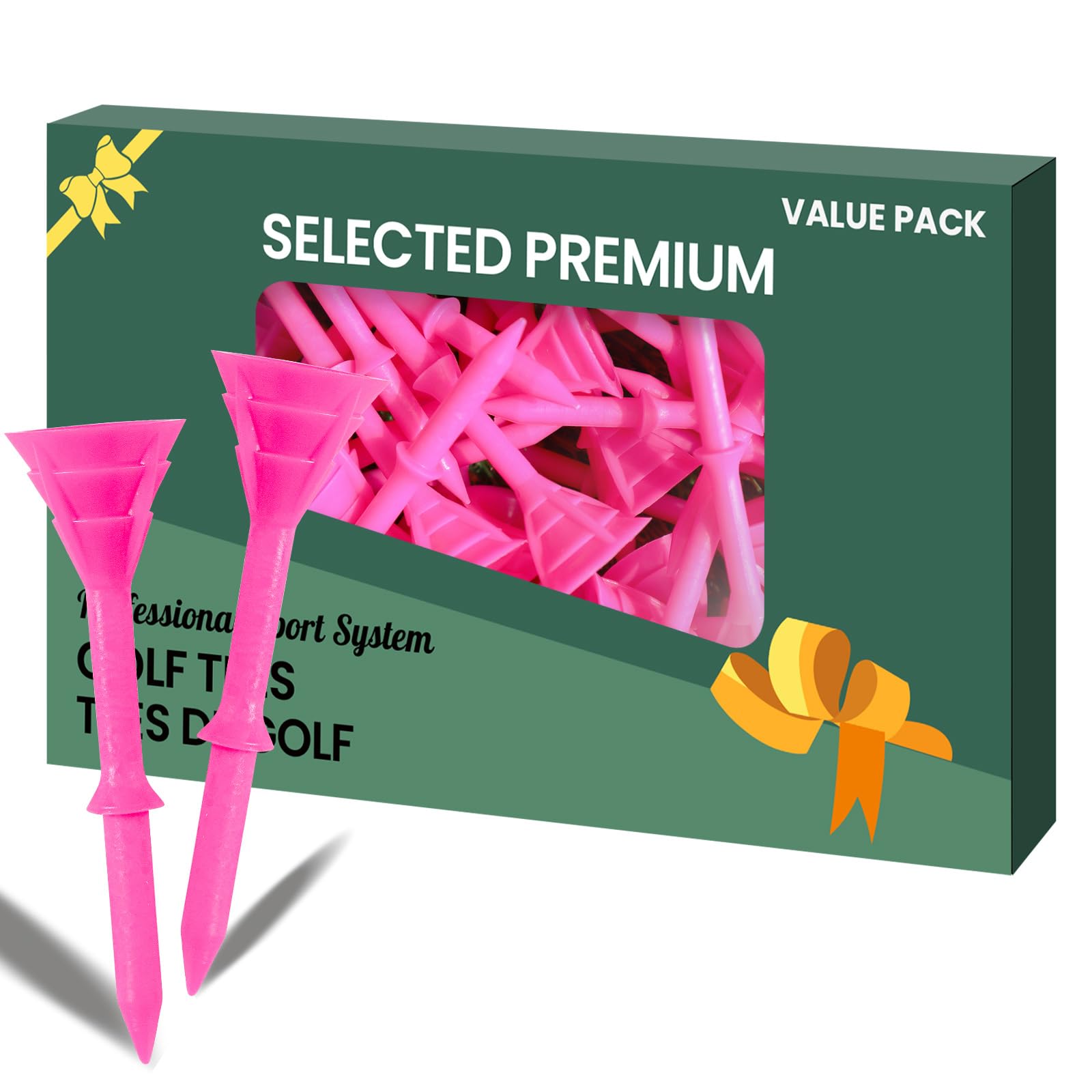 AXKAL Golf Tees Plastic 3 1/4’’ 83mm Unbreakable Double-Layer Low Resistance Flexible Value 60 Pack Pink, Golf Tee Spikes for Court Outdoor Sports (60 Pack-3 1/4'', Pink)