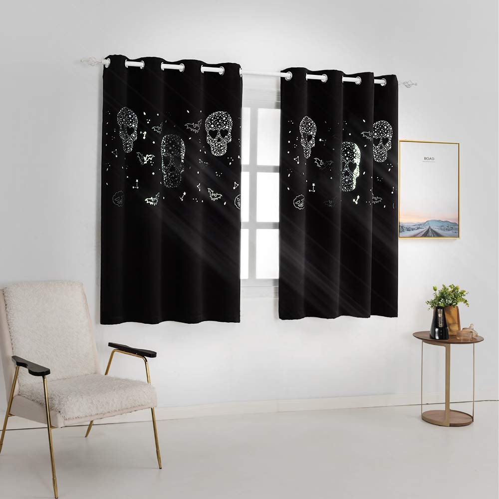 MANGATA CASA Halloween Blackout Curtains 63inch Long 2 Panels Set with Skull for Bedroom-Goth Black Drapes for Living Room-Cutout Window Curtain Panels(Black 52X63in)