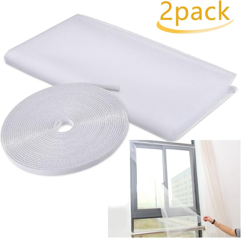 Kany 2 Packs Window Insect Screen Net Mesh Fly Bug Mosquito Net Kit 1.3m x 1.5m with Self-adhesive Tapes White
