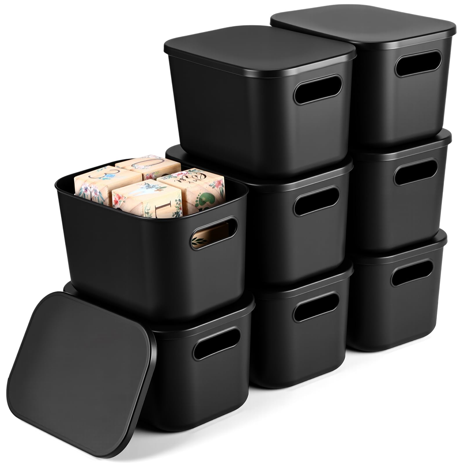 Photo 1 of Hoolerry 8 Pieces Colorful Storage Bins with Lid, Plastic Storage Basket Organizing Container Stackable Box with Handle for Shelves Desktop Playroom Office(9.8 x 7.1 x 6.3 Inch,Black)