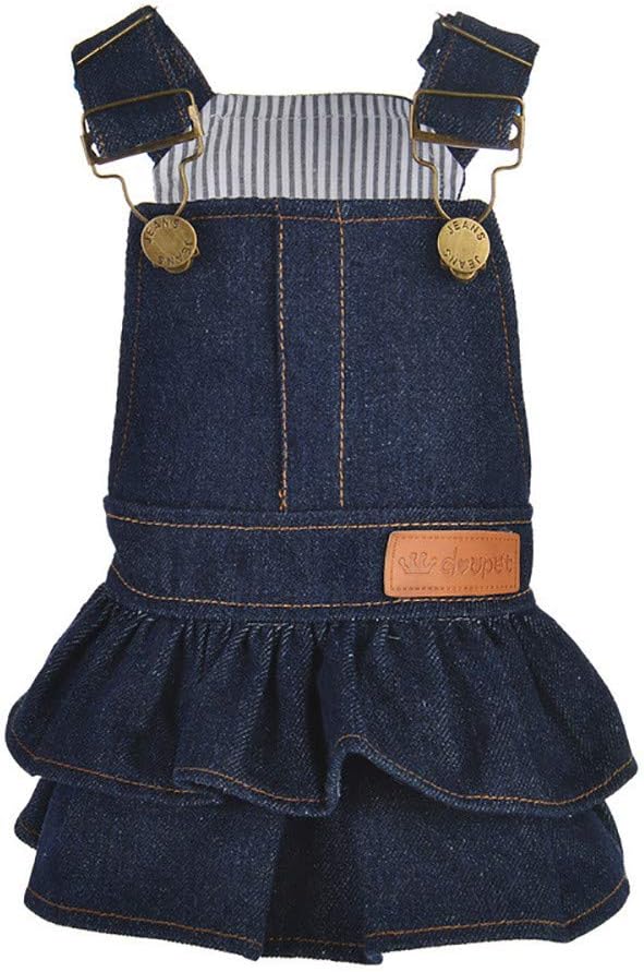 vmree Pet Dog Girls Denim Overalls Dresses Puppy Kitten Ruffles Suspender Skirt Lovely Outfit (Dark Blue, S)