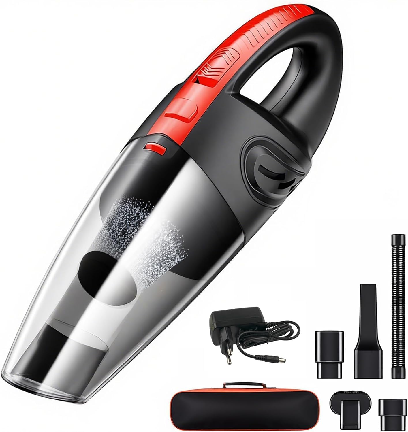 Aspirador de Pó Portátil Sem Fio, 120W Alta Potência com Sucção Poderosa, Uso Seco/Úmido, Recarregável, para Carros e Casa, Filtro Lavável, Inclui 7 Acessórios (vermelho)
