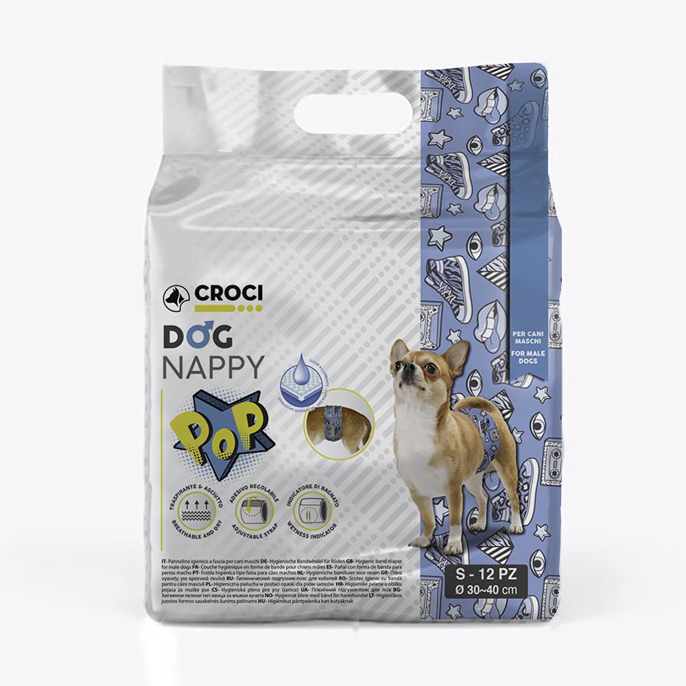Croci Dog Nappy Pop - Absorbent Wrap for male dogs, size S - Ø 30-40 cm, hygienic diaper pants for dog pee, adjustable adhesive closure, 12 pcs