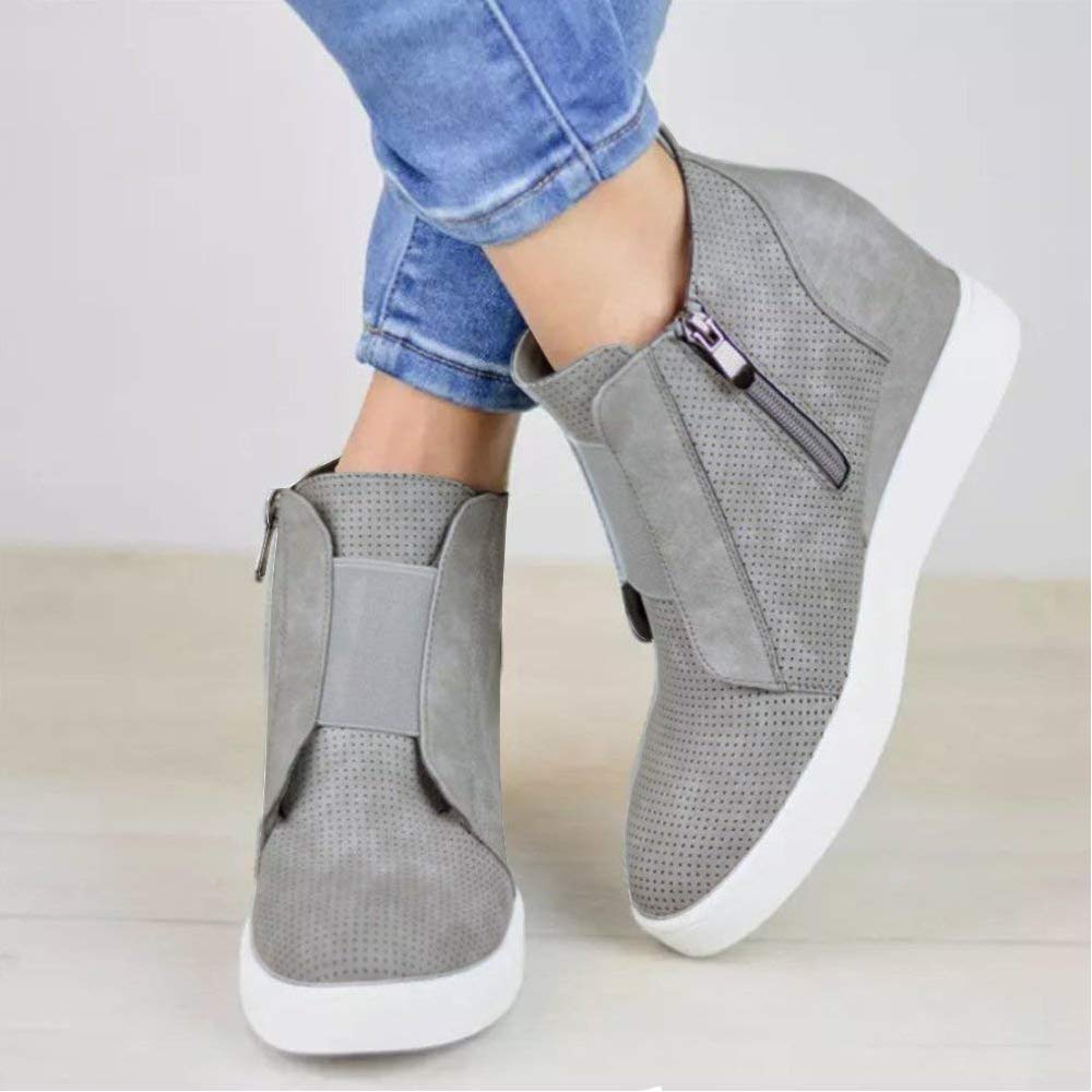 FIRENGOLI Women\'s Heel Wedge Casual Sneakers High Top Platform with Zipper Sports Shoes Grey 43