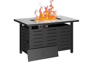 Aoxun 42" Propane Fire Pit Table Ceramic Top, 60000 BTU Outdoor Patio Heater with Lava Rocks, Rectangle Gas Fire Pits for Outside Patio with Removable Lid, Black