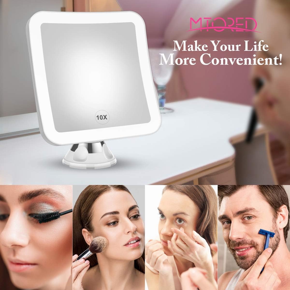2020 Upgraded 10x Magnifying Lighted Makeup Mirror with Natural White LED Lights, 360°Swivel Portable Cordless Makeup Mirrors with Locking Suction Base for Home Bathroom Shower and Travel: Furniture & Decor