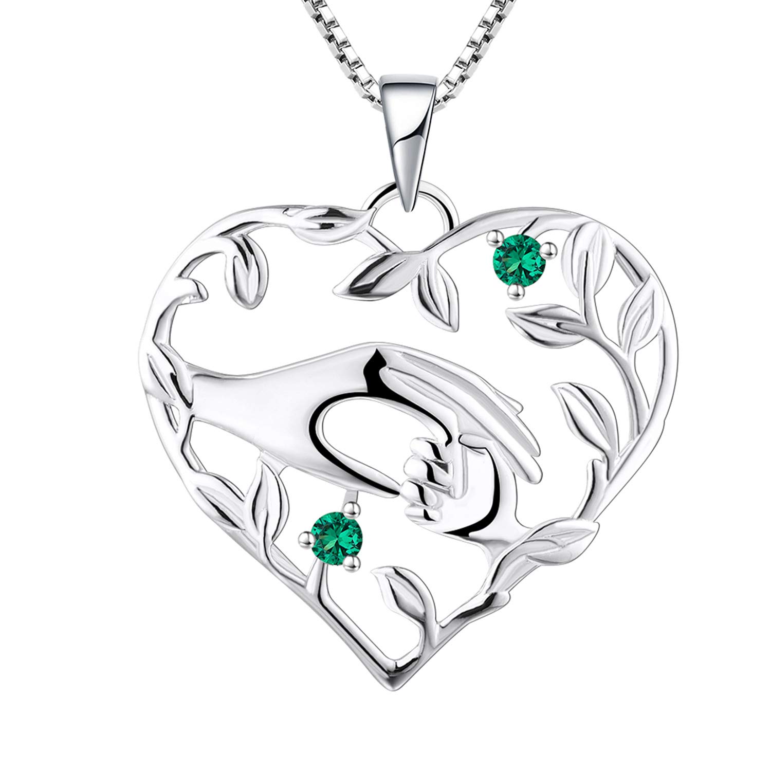 YL Mum Heart Necklace 925 Sterling Silver Mom Hold Child's Hand cut May Birthstone Green Cubic Zirconia Pendant Gifts for Mum Women — image 1