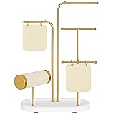 SONGMICS Jewelry Stand, Jewelry Organizer, Jewelry Display Holder with Metal Frame, 2 Earring Boards, 4 Hanging Rods, Necklace Earring Bracelet Holder, for Watches, Metallic Gold UJJS025A01