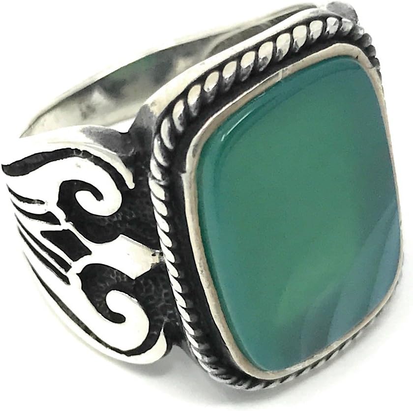 KAR 925K Stamped Solid Sterling Silver Green Agate (Aqeeq) Men's Ring P3B