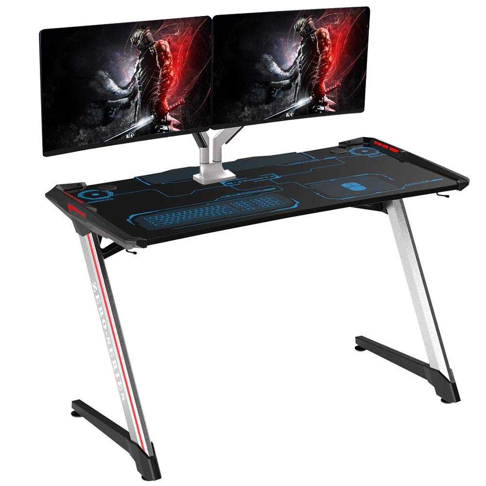 Kinsal Computer Desk Gaming Desk Z-Shaped Student Table with Fighting RGB LED Ambience Lighting, Racing Table E-Sports Durable Gaming Desk Ergonomic Comfortable PC Desk (Silver)
