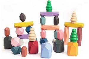 WOODENFUN 18 PCS Wooden Sorting Stacking Rocks Stones,Sensory Toddler Toys Learning Montessori STEM Toys, Building Blocks Game for Kids 3-6 Years Boy and Girl Birthday Gifts for Kids