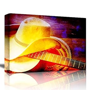 Vibrant Cowboy Hat and Guitar with Wood Background
