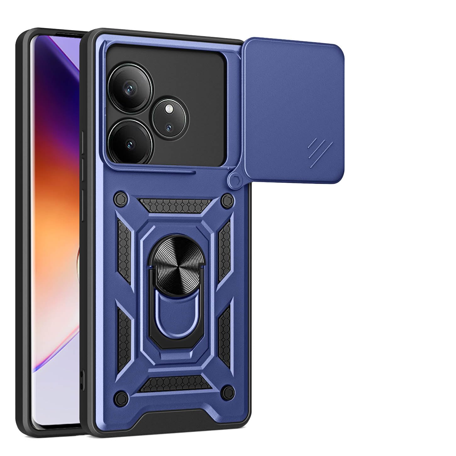 ILING Case for Realme GT 6 5G / Realme GT 6T 5G, Ultra-thin Matte Texture Hard PC + Soft Silicone TPU Bumper Shockproof Heavy Duty Cover, with Ring Kickstand and Slide Camera Cover (Blue)