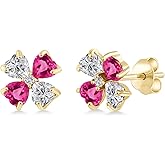 Gem Stone King 18K Yellow Gold Plated Silver Lab Grown Diamond and Pink Created Sapphire Stud Earrings for Women | 2.95 Cttw | Gemstone April Birthstone | Heart Shape 4MM