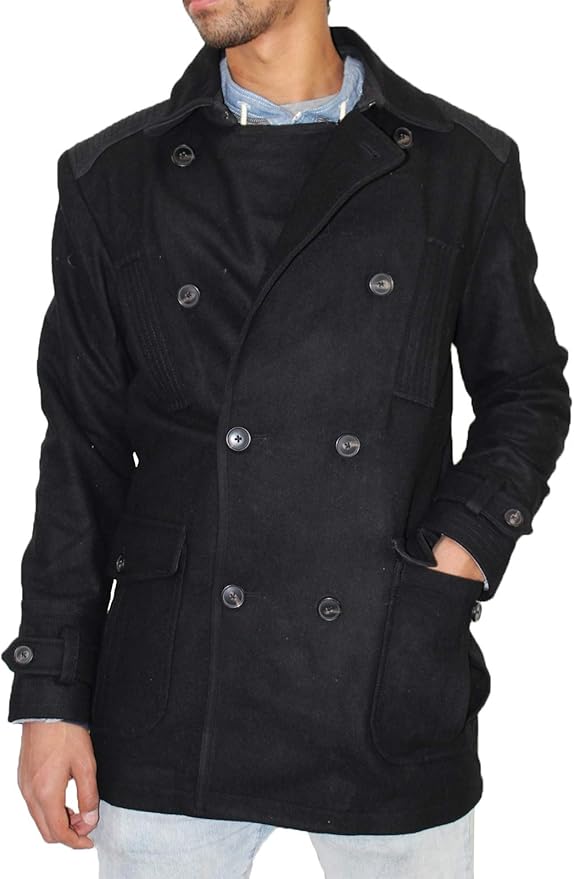 Mens Wool Pea Coat with Cuff Straps Black Designer Jacket at Amazon Men
