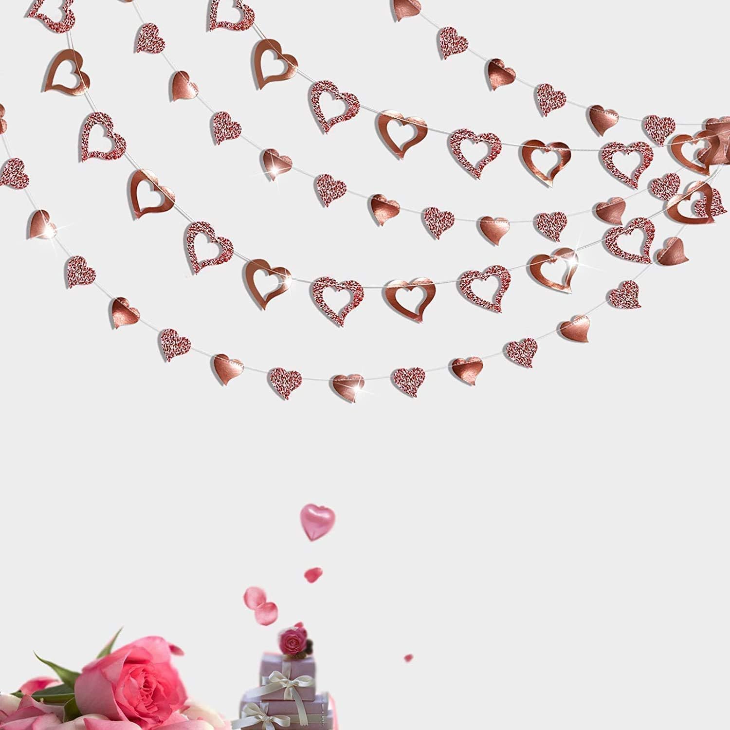 Glitter Rose Gold Heart Garland Decoration Hanging Valentines Mothers Day Hearts Garlands Streamer Banner Backdrop Decor for Engagement Bachelorette Wedding Bridal Shower Anniversary Party Supplies