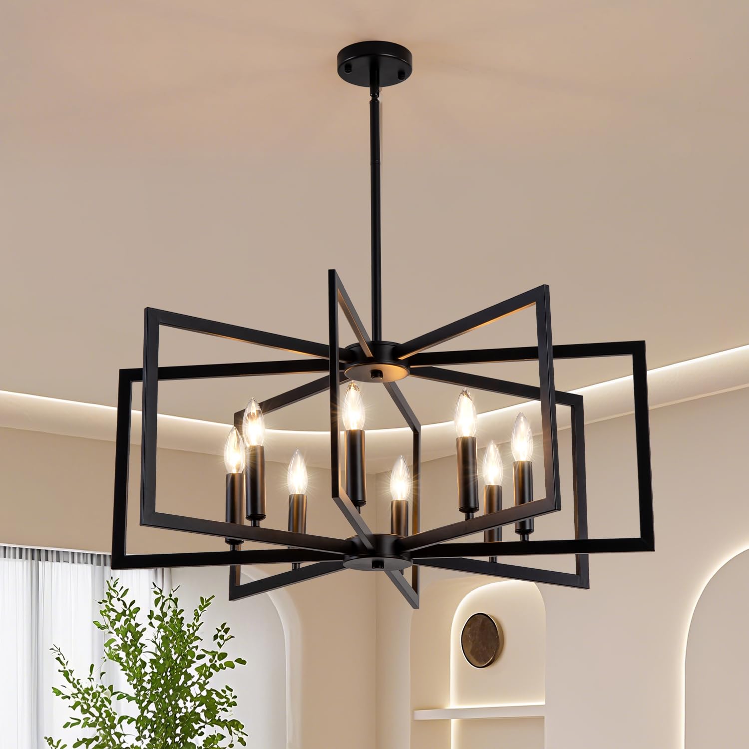 Photo 1 of ****It is used, missing a part, and it's not known if it works 100%.***Klrbiqy Black Chandelier for Dining Room,8-Light Dining Room Light Fixture Modern Geometric Metal Hanging Industrial Chandeliers for Entryway Kitchen Island Foyer Farmhouse Chandeliers