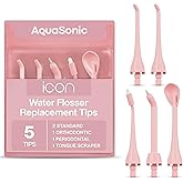 AquaSonic Genuine Icon Water Flosser Replacement Tips - 5 Tips, 4 Types: Standard, Periodontal, Orthodontic & Tongue Scraper - Authentic Parts (Blush)