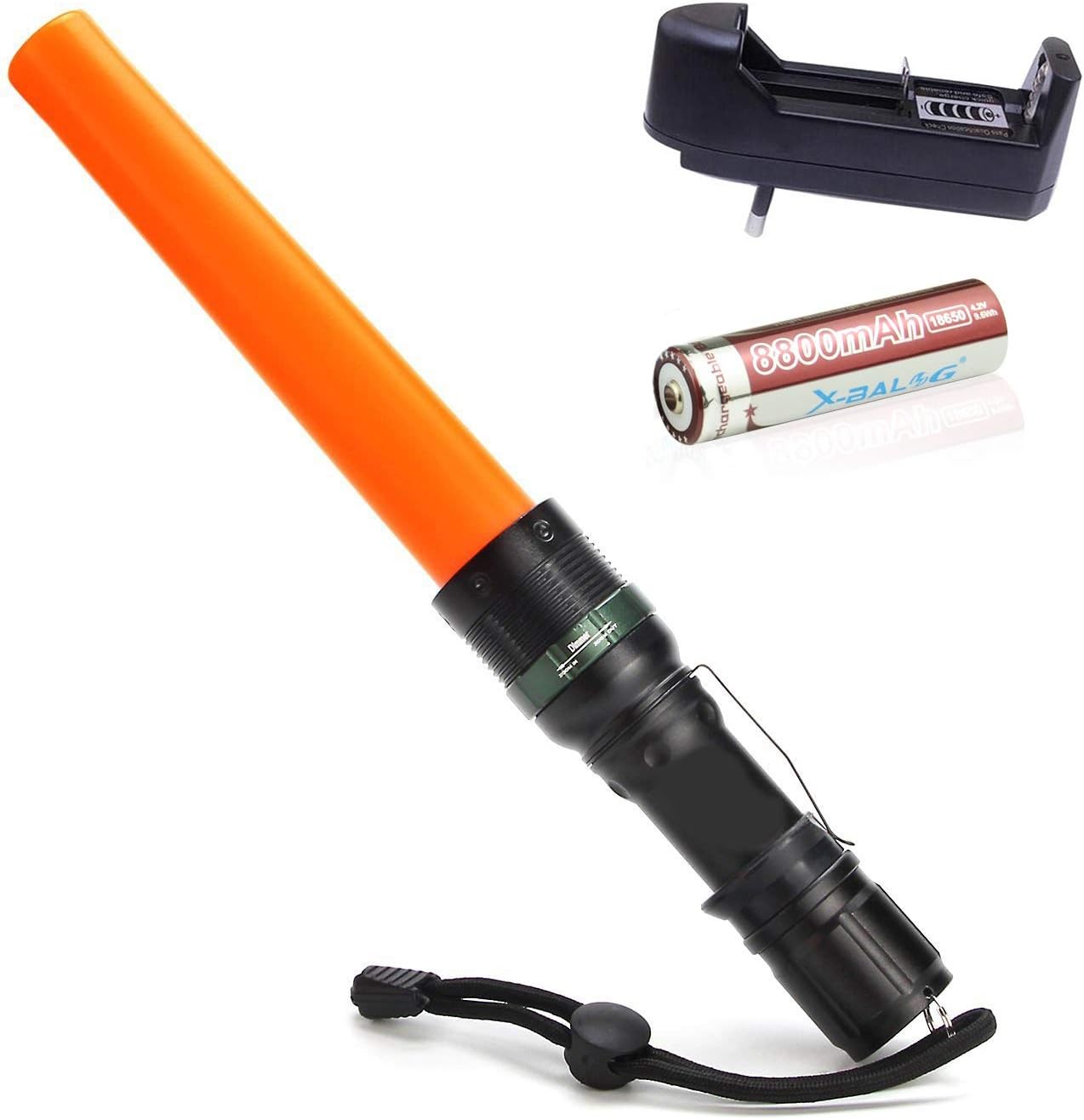10.5-Inch Signal Traffic Safety Wand Baton LED Flashlight with Strobe Mode, Wrist Strap Lanyard, 250 Lumens, Orange Finish (Black)