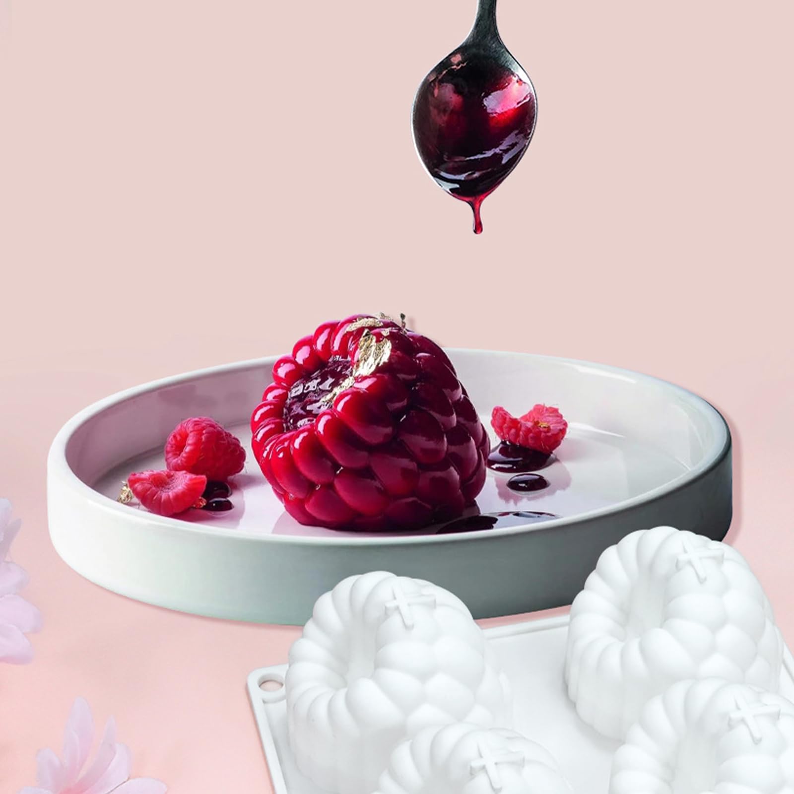 6-Cavity Raspberry Silicone Molds for Mousse Cake, Large Fluted Design, White