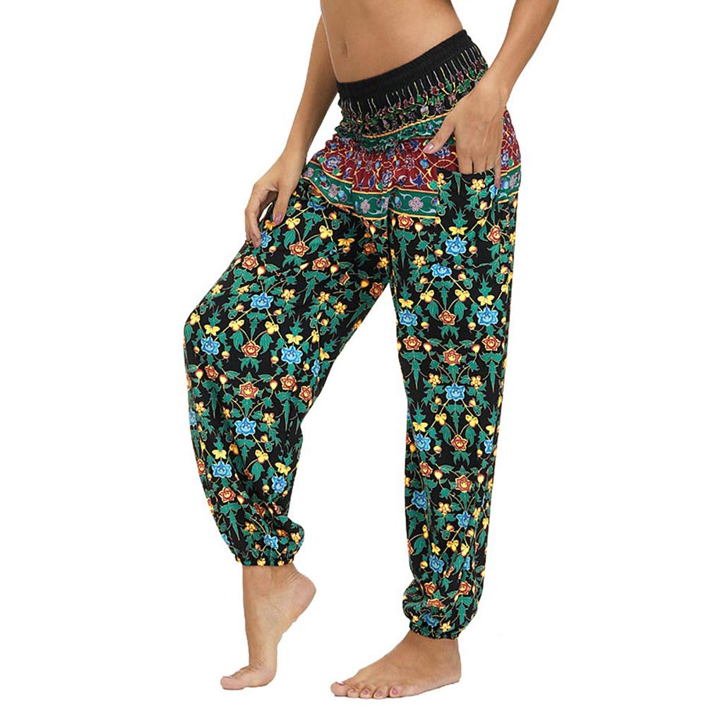 Nuofengkudu Baggy Hippie Pants for Women Boho Vintage Patterned Elasticated High Waist Comfortable Harem Trousers for Yoga Summer Beach Party,Green Floral One Size