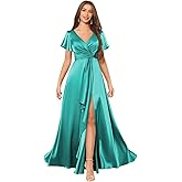homdor Satin Bridesmaid Dresses for Women Pleated Formal Dress V Neck Short Sleeve Evening Gown Long