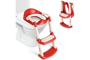 FOGEIN Potty Training Toilet Seat with Step Stool Ladder,Potty Training Toilet for Boys Girls, Adjustable Height - Foldable - Safety Handles-Non-Slip Silicone Pads with Splash Guard Toddlers Toilet Seat(Red)